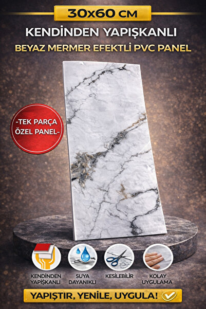 UKAB DEKOR Kendinden Yapışkanlı 60x30 Cm Dekoratif Esnek Köpük Pvc Beyaz Duva...