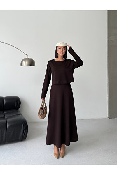 MODAMERSİ Women's Brown Boat Neck Blouse Dress Double Set