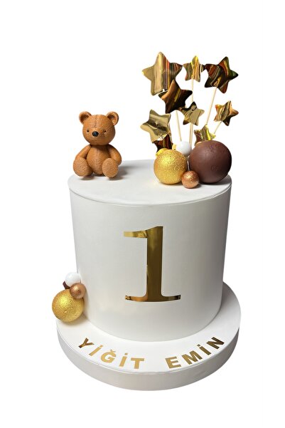 OGELAPARTY Kişiye Özel 1 Yaş Gold Detaylı Ayıcıklı Maket Pasta – Doğum Günü &...