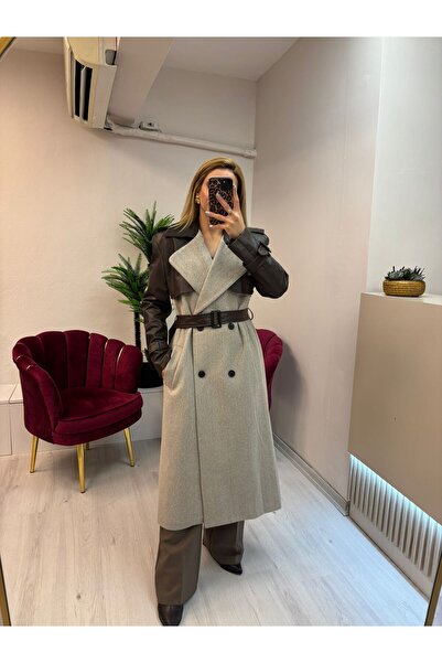 Top Fashion Deri Detaylı Uzun Kaşe Kaban