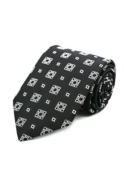 Sade Kravat Black and White Special Woven Small Square Patterned Tie 32828 Black