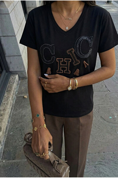 FEMELLE Black V-Neck 100% Cotton T-Shirt with Tassels, Embroidery and Beading