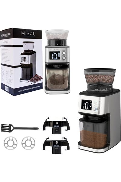 MIBRU مطحنة قهوة كهربائية مزودة بـ 87 إعدادًا للطحن، ووضع الإسبريسو، ونظام نف...