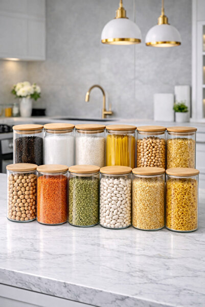 Kitchen Pembelia 12’li Vakumlu Bambu Kapaklı Cam 1000 ml Erzak Bakliyat Bahar...