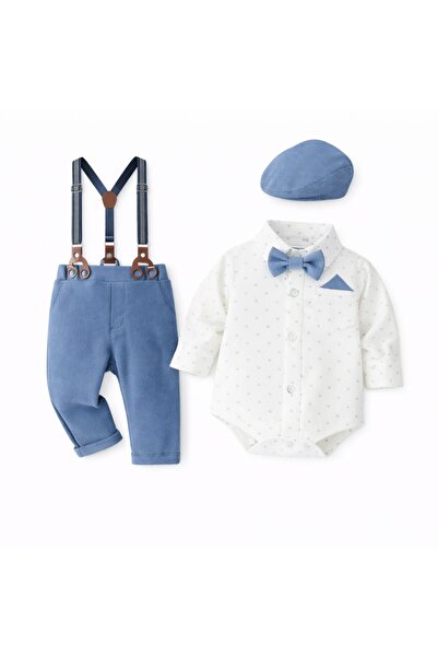kizu Set băieți 3 piese cu pantaloni bleu, bretele, cămașă tip body și șapcă ...