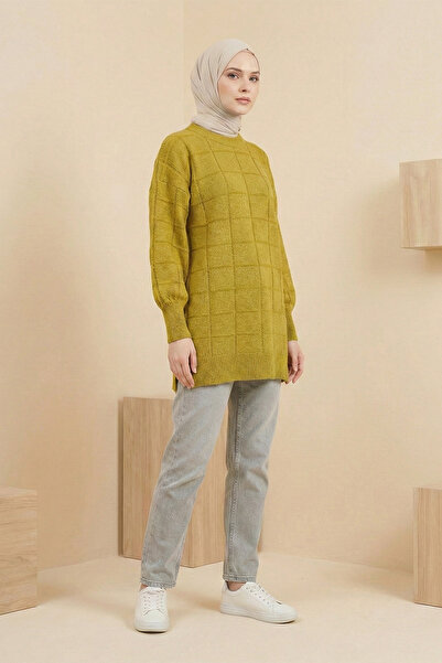 Kirazgym Women's Square Patterned Slit Soft Knitwear Tunic Sweater - Oil Green