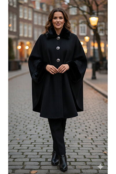 Butik Buttoned Poncho with Fur Details on the Collar and Sleeves