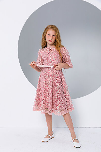 incity Rochie pentru fete cu detaliu din dantelă și centură la gât - Noul sezon