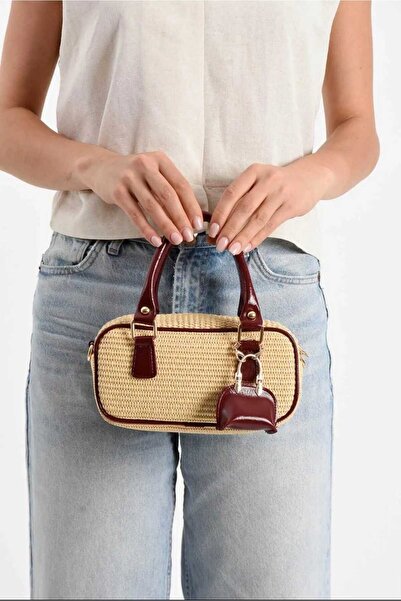 ÖZÜM TAKI Women's Straw Hand and Shoulder Bag Burgundy