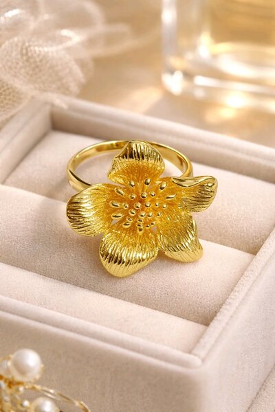 mosmoda Çelik Gold Çiçek Yüzük, Ayarlanabilir
