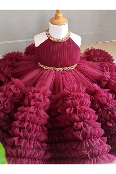 kizu Burgundy Satin Dress for Little Girls with Voluminous Tulle and Asymmetr...