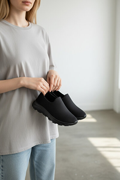 Adım Dünyası Women's Black Laceless Casual Shoes – Perforated, Breathable, Co...