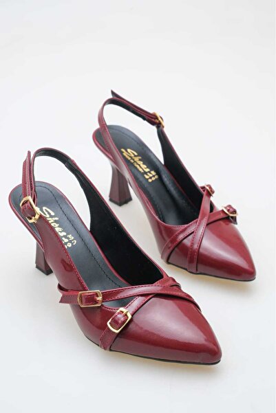 BİR-SEN SHOES Luna Burgundy Patent Leather 3 Buckle Heeled Stiletto 7.5 cm