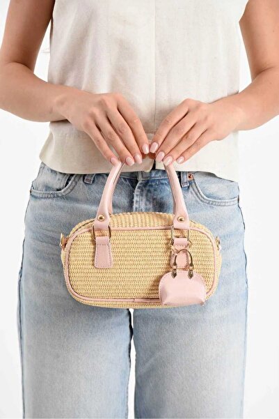 ÖZÜM TAKI Women's Straw Hand and Shoulder Bag Powder