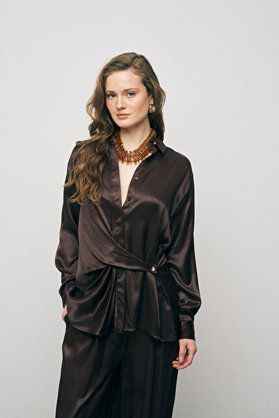 Orfeo Negro Brown Satin Double-Breasted Long Sleeve Shirt with Tie Detail