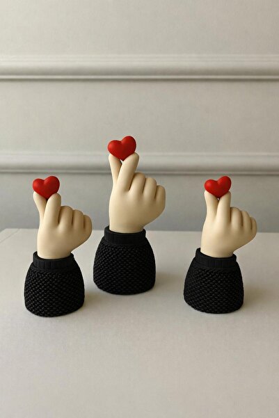 Korean Heart Üçlü Biblo Seti, Siyah,Sevgililer Günü,Kalp Tutan El Sevimli Hediyelik,9 cm-14 cm - 9cm