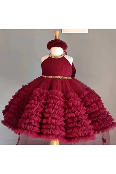 kizu Rochiță Satin Fetițe Burgundy cu Tulle Voluminos și Trenă Asimetrică