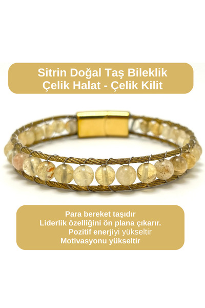 YILDIZ DOĞAL TAŞ Certified Citrine 6mm Natural Stone Bracelet Steel Wire Rope...
