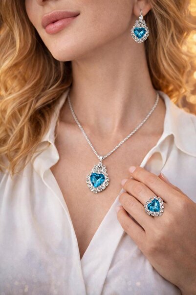 Elifin ışığı ✨ Kalp Işıltısı Mavi Taşlı Zirkon Takı Seti ✨ (Kolye 💍 Küpe 💎 ...