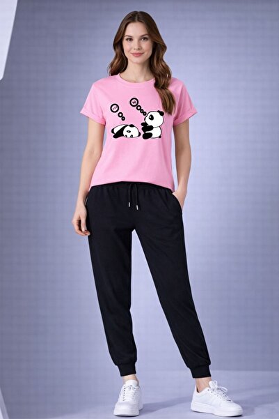 x-compass life Panda Printed Oversize T-Shirt Tracksuit Set