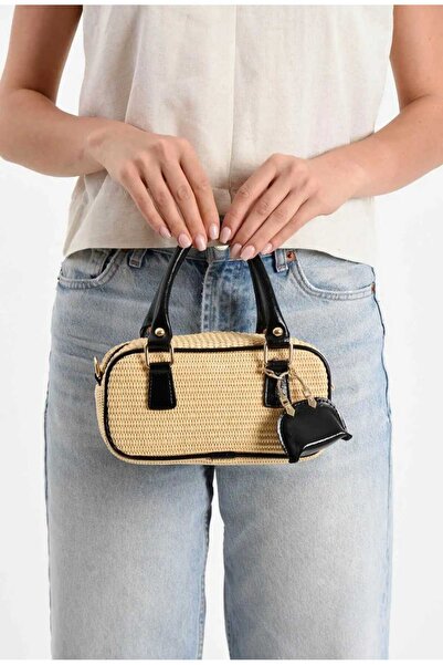 ÖZÜM TAKI Women's Straw Hand and Shoulder Bag Black