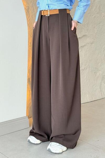 Şulemoda Giyim Glam Belt Detailed Palazzo Trousers Brown