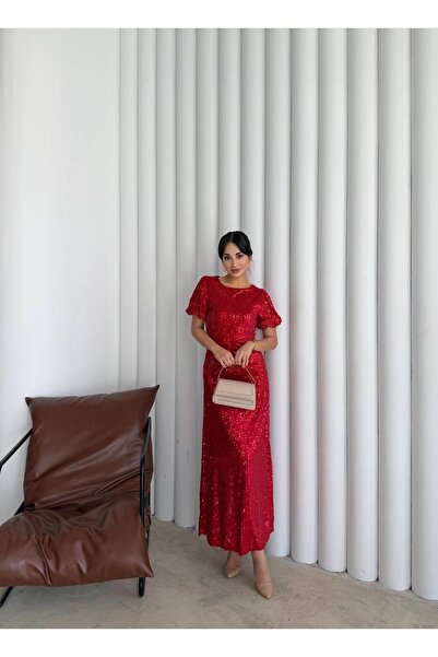Elbee Fashion Woman Red Midi Length Sequin Dress