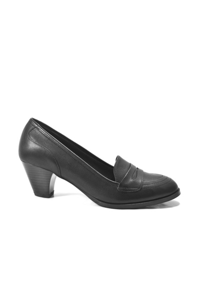 Onlo Ayakkabı 7069 Genuine Leather Black Short Thick Heeled Women's Shoes