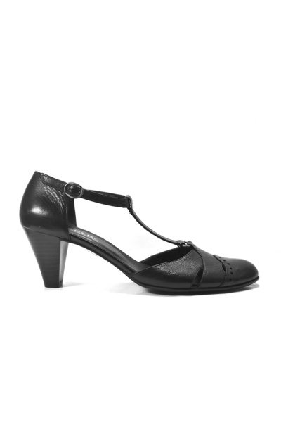 Onlo Ayakkabı 173 Genuine Leather Black Thick Heeled Women's Shoes