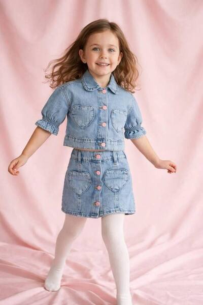 BEYAZ BEBE Girl's Balloon Sleeve Denim Jacket Skirt Set