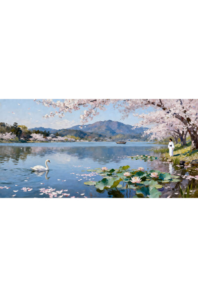 VeliumCraft Tablou Canvas Peisaj in japonia 5, cu lac, munte, sakura 100x50 c...