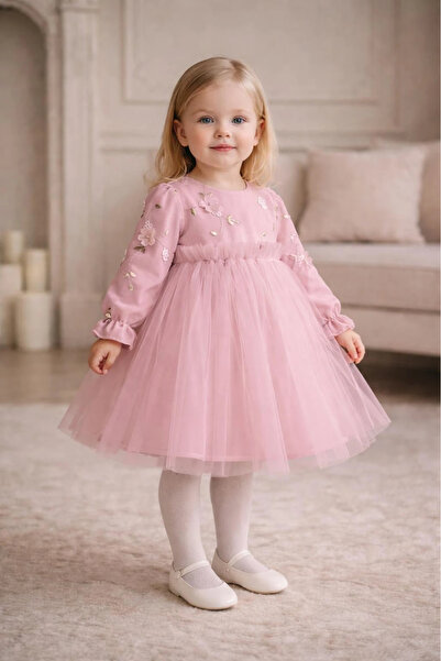 Minizade Rochie pentru fetiță cu mânecă lungă și broderie, pentru nuntă, ocaz...