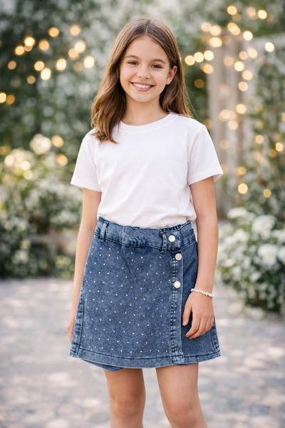 kahkaha kids Kız Çocuk Taş Detaylı Kot Şort Etek Işıltılı Jean Günlük Şık Model