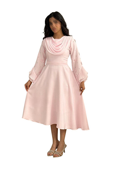 TREN Elegant Pale Pink A-Line Midi Dress with Embroidered Sheer Sleeves and P...