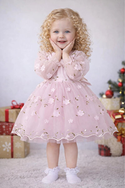 Minizade Kız Çocuk Uzun Kollu 3D Çiçekli Vintage Fiyonklu Özel Gün Doğum Günü...