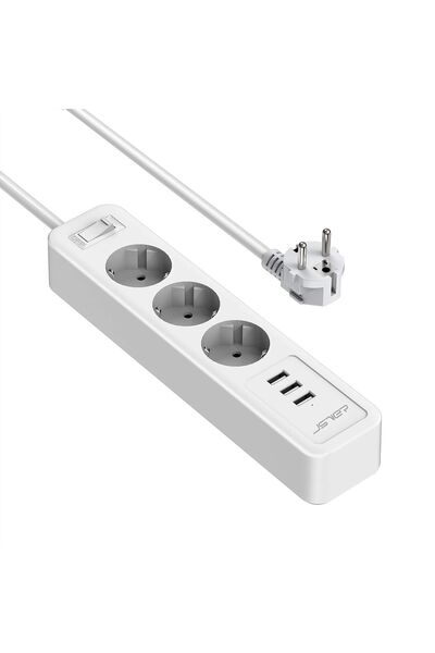Dotail JSVER 3-socket extension cord, AC + 3 USB ports, Fast Charging 2.4A, O...
