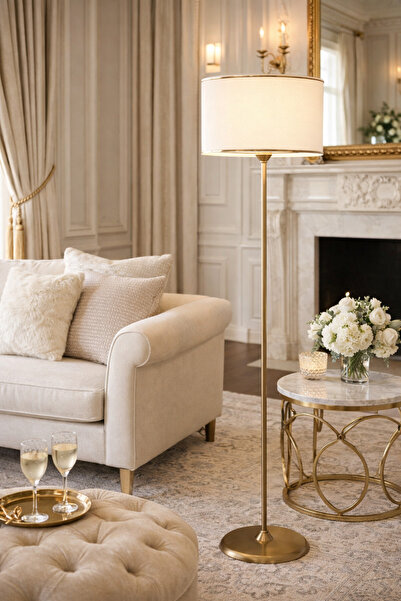 Vinner Noa Conic Eskitme Tek Ayaklı Metal Düz Lambader - Gold Şeritli Krem