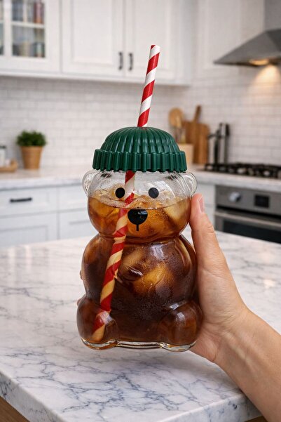 dnshome Barista Cam Soğuk İçecek Bardağı Ayıcıklı Bardak 500 ml Pipetli Bardak