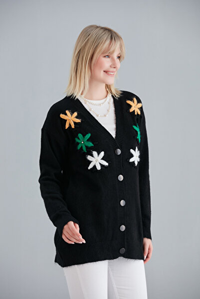 ikomteks Handcrafted Flower Detailed Cardigan