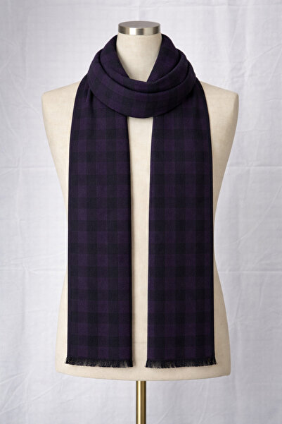 Dervişan İpekçilik Mor/Siyah Ekose Desenli Double Face Saf Kaşmir Kaşkol/Atkı