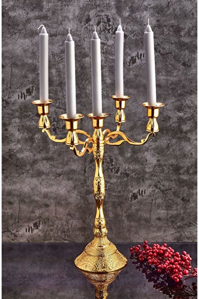 cezpot 5 Li Gold Döküm Zamak Paslanmaz Şamdan Mumluk Büyük Boy