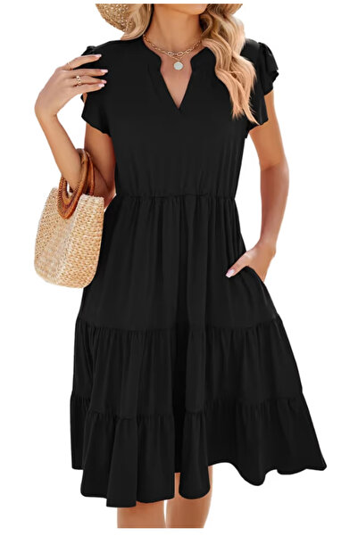 Dotail Casual women's dress, ruffles, loose fit, V-neck, short sleeves, 100% ...
