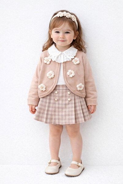 lumia طقم سترة بناتي بيج مزينة بالزهور وتنورة منقوشة للأعمار من 2-5 سنوات - م...