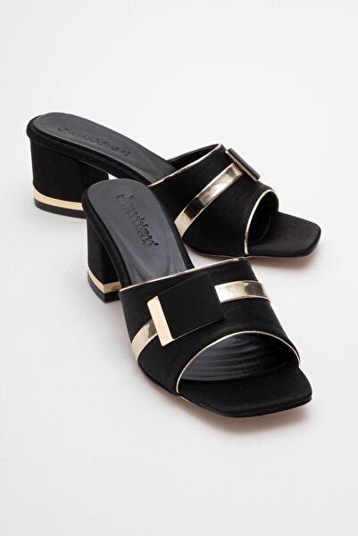 CCWAY AYAKKABI Дамски пантофки с квадратна катарама и ток ЧЕРЕН ПОЛОСАТ САТЕН