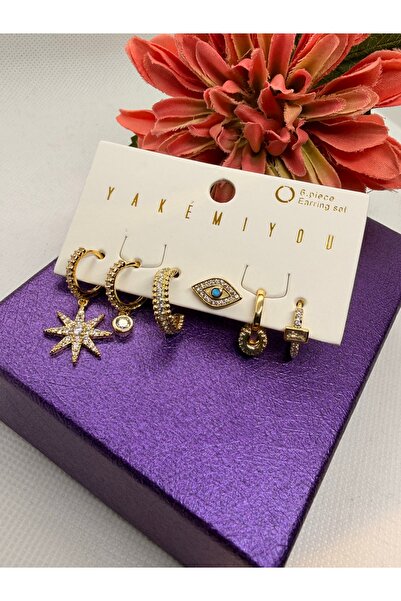 Yakemiyou 6-Piece Steel Earring Set with Zircon Stone and Eye Star Figure