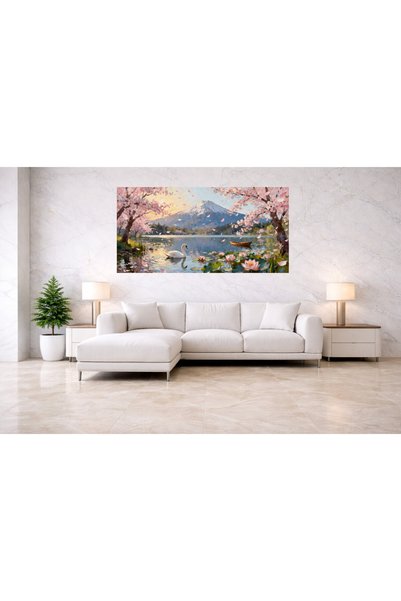 VeliumCraft Tablou Canvas Peisaj in japonia 2, cu lac, munte, sakura 150x70 cm, sasiu de lemn