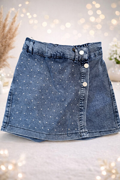 kahkaha kids Kız Çocuk Taş Detaylı Kot Şort Etek Işıltılı Jean Günlük Şık Model