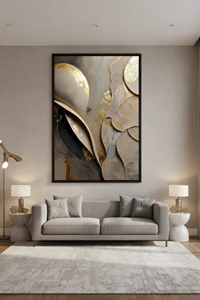 hollywest Bej & Altın Tonlarında Soyut Desenli Duvar Sanatı | Modern Çerçevel...