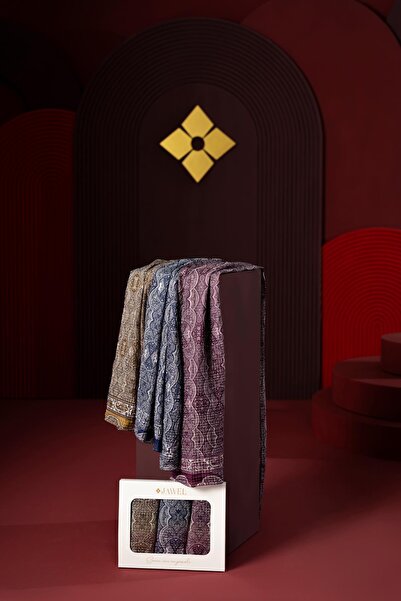 JAWEL Kadın Müslin Şal Paketi Petra (Hardal-Lacivert -Mürdüm)