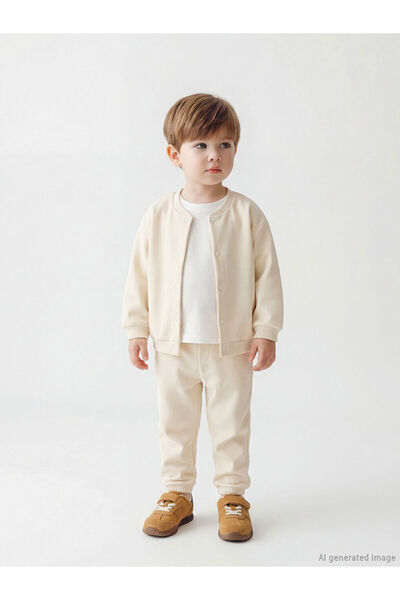 LC Waikiki Lcw Baby Beige Crew Neck Baby Boy Cardigan and Sweatpants